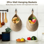 2Pcs Jute Hanging Fruit Baskets, Teardrop Onion Basket for Vegetables, Handmade Jute Wall-Mounted Organizer, Boho Wall Decorative Storage Basket for Kitchen, Living Room, Bedroom