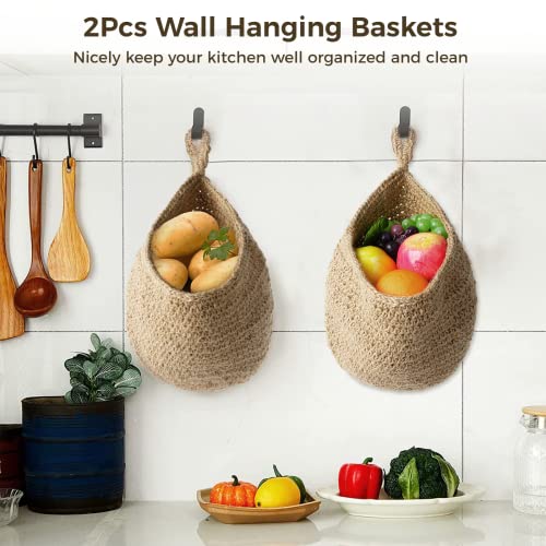 2Pcs Jute Hanging Fruit Baskets, Teardrop Onion Basket for Vegetables, Handmade Jute Wall-Mounted Organizer, Boho Wall Decorative Storage Basket for Kitchen, Living Room, Bedroom