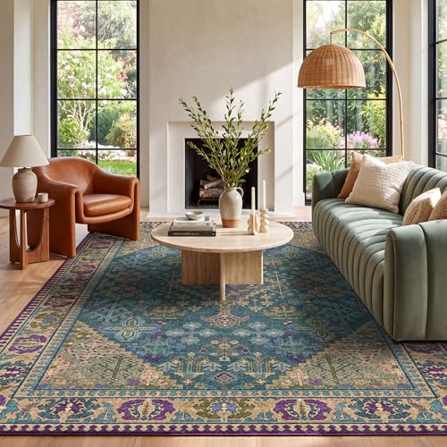 8x10 Area Rugs for Living Room, Machine Washable Low Pile Rug, Non Slip Backing Boho Rugs for Bedroom, Printed Soft Vintage Carpet Teal Green Purple 8 x 10 - color: 15/Teal/Harvest Gold/Violet/Azure, size: 8' x 10' (Rectangular)
