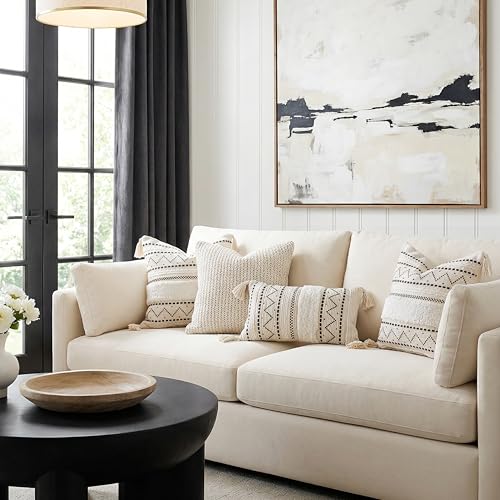 BlissBlush 12x20 Lumbar Pillow Cover, Cream Neutral Rectangular Decorative Cushion Cover with Black Pattern, Cotton Boho Accent Pillowcase with Tassels for Couch Sofa Living Room (Cover Only) - color: Black, size: 20" x 12" (Pack of 1)
