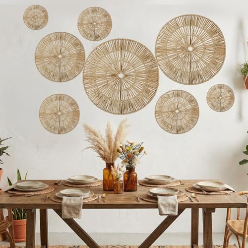 Yerliker 8 Pack Boho Wall Baskets Decor Large Hanging Woven Wicker Wall Art 23", 21", 15", 13", 12", 10", 8", 7" round Decorative Baskets for Bedroom, Living Room, Home, Office