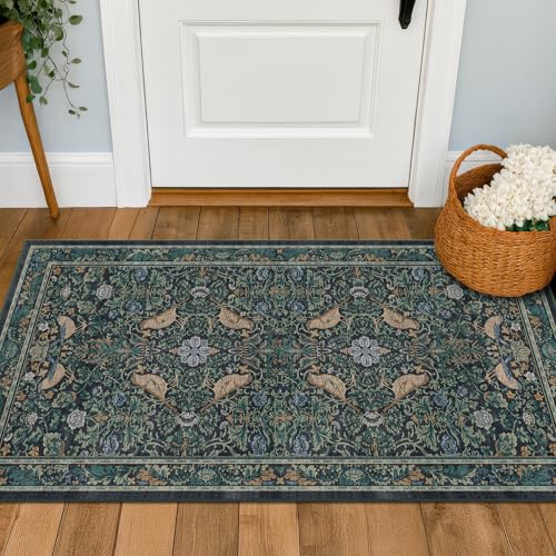 Hazo Haus Washable Floral Small 2x4 Thin Door Mats for Inside Entry, Dark Blue Bird Non Slip Kitchen Rug, Low Pile Bathroom Rug, Traditional Carprt for Bedroom Besdide Bed - color: Blue, size: 2' x 4' (Rectangular)