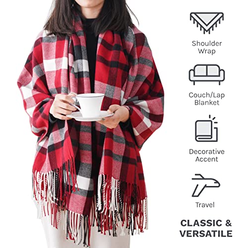 BATTILO HOME Christmas Red Plaid Throw Blanket for Couch, Bed, Super Soft Red Plaid Scarf, Throw Blanket, Christmas Decorative Throw with Tassels 50"x60" - color: Red