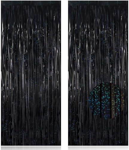 2 Pack Fringe Curtains Backdrops, Foil Fringe Curtains, Door Streamers for Birthday Wedding Bridal Shower Holiday Graduation Party Decorations, Photo Booth Backdrops, Glitter Black - color: Glitter Black