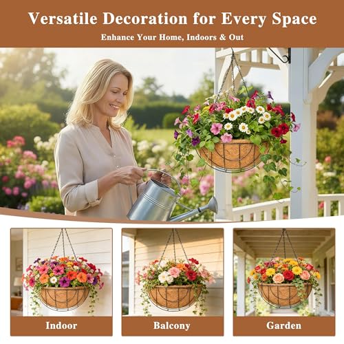 4 Pack Hanging Planter for Outdoor Plants 12 inch Metal Hanging Flower Basket with Coco Coir Liner Round Wire Plant Holder Chain Flower Pots Outdoor Garden Decoration Watering Hanging Baskets（DQ） - size: 12" x 4 Pack, style: Earth