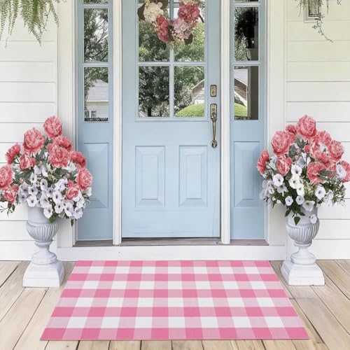 Buffalo Plaid Area Rug, Checkered Rug 27.5x43 Inches, Pink and White Rug, Washable Cotton Mat for Front Porch, Entryway, Kitchen, Living Room, Home Decor - color: Pink & White, size: 2'3" x 3'7" (Rectangular)