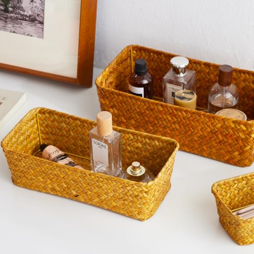 Seagrass Storage Basket, Stackable Open Woven Baskets Bins Container for Organizing Shelves Bedroom Living Room, Set of 3, Natural - size: 3pcs Medium
