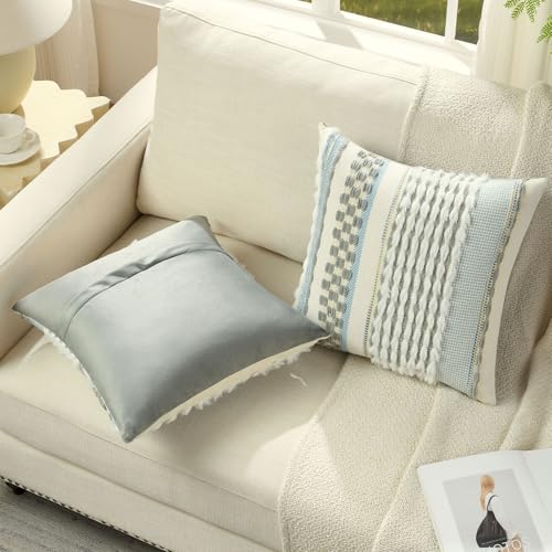 FUTEI Pack of 2 Boho Chenille Decorative Throw Pillow Covers 18x18 Inch Soft Plush Tufted Striped Textured Cushion Case,Farmhouse Accent for Couch Bed Living Room, Grey - color: Grey, size: 18" x 18" (Pack of 2)
