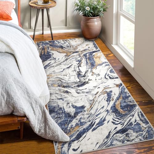 2x6 Abstract Oriental Style Area Rug, Elegant Vintage Thin Carpet, Delicate Decorative Design, Sophisticated and Beautiful for Living Room, Bedroom, Entryway, Office - Blue - color: Blue, size: 2' x 6' (Rectangular)