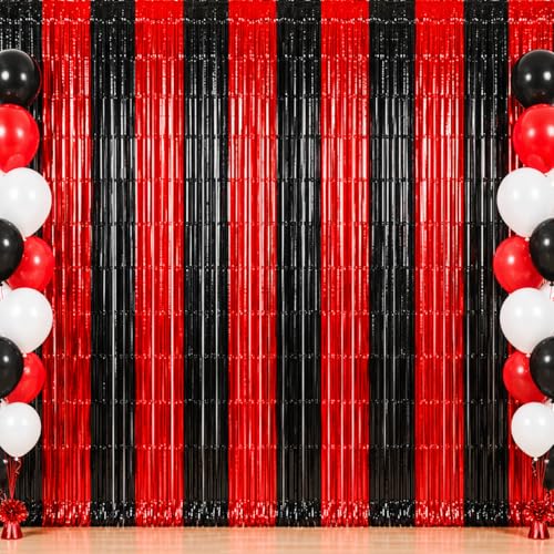 TONIFUL 2Pcs Black and Red Fringe Backdrop Curtain 2026 Graduation Party Metallic Tinsel Foil Fringe Photo Booth Backdrop Door Streamers for Birthday Bachelorette Halloween New Year Party Decorations - color: Black Red