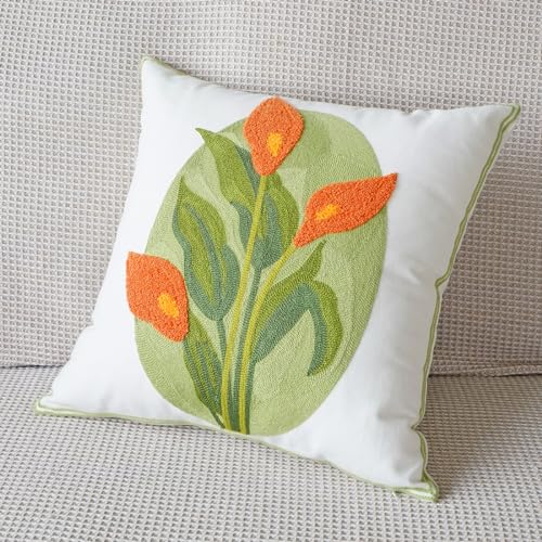 vctops Farmhouse Calla Lily Cotton Tufted Throw Pillow Cover Spring Floral Embroidery Pillowcase Soft Square Cushion Case for Sofa Couch Bed Chair (Orange C,18"x18") - color: Orange C