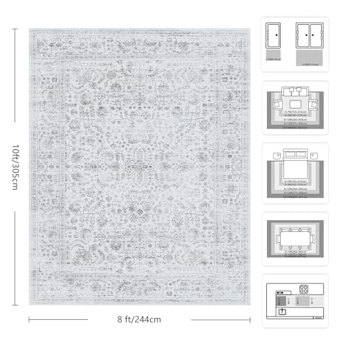8x10 Area Rugs for Living Room, Washable Vintage Retro Floral Rug, Low Pile Non Slip Distressed Large Carpet for Bedroom, Dining Room, Office, Home (Grey) - color: A-grey, size: 8' x 10' (Rectangular)