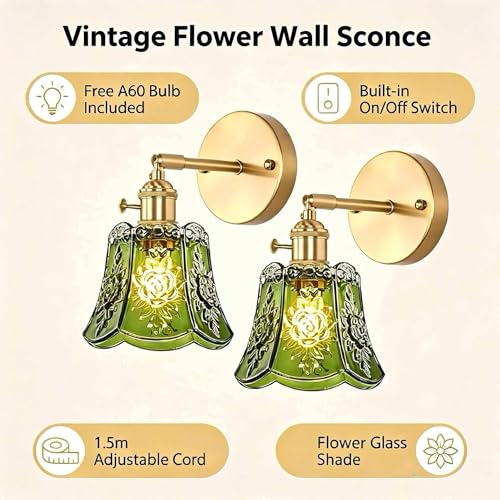 2 Pack Vintage Wall Sconces, Green Wind Chime Glass Shade Wall Lamp with 2 Natural Light Bulbs, Hardwired Design with Rotary Switch, Decorative Light for Bedroom Hallway Living Room - color: Green 2pcs Flower Wall Light