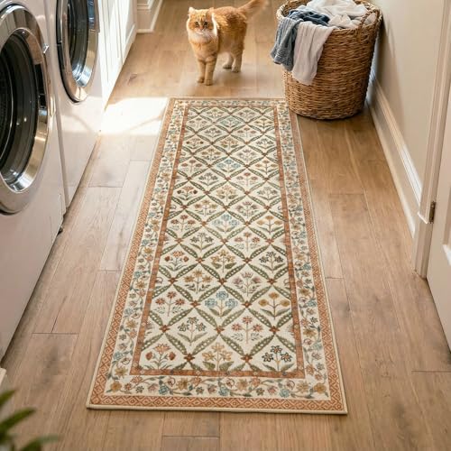 jinchan Haden Runner Rug 2x5 Vintage Floral Washable Hallway Rug for Entrance Kitchen Soft Non-Slip Low Pile Bedside Laundry Room Cottage Warm Indoor Decor Terracotta - color: Terracotta, size: 2' x 5' (Runner)