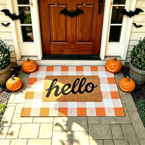 MUBIN Cotton Buffalo Plaid Rug, 27.5x43 Orange White Outdoor Rug Front Door Decorative Mat, Washable Halloween Doormat Foldable Area Rug Layered Door Mats Rug for Front Porch, Entryway, Patio - color: Orange White Plaid, size: 2'3" x 3'7" (Rectangular)