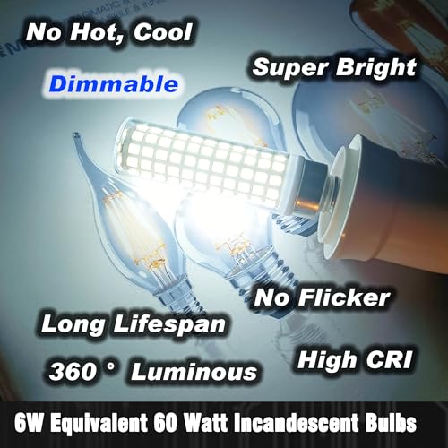 E12 LED Candelabra Light Bulb 6W 6000K Daylight White AC120V 600lm Dimmable E12 T6 C7 Candle Small Base 60 Watt Replace Ceiling Fan Pendant Chandelier Lighting Living Rooms, 4 Pack - color: 6000k Daylight White, size: 6 Watt-Dimmable-4 Pack