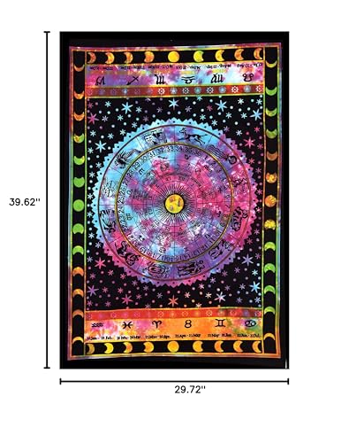ANJANIYA Sun Moon Star Zodiac Goodluck Tarot Card Bohemian Room Dorm Decor Hippie Indian Boho Tapestry Psychedelic Mandala Wall Hanging Art Cotton Tapestries (Multi, 30"X40")