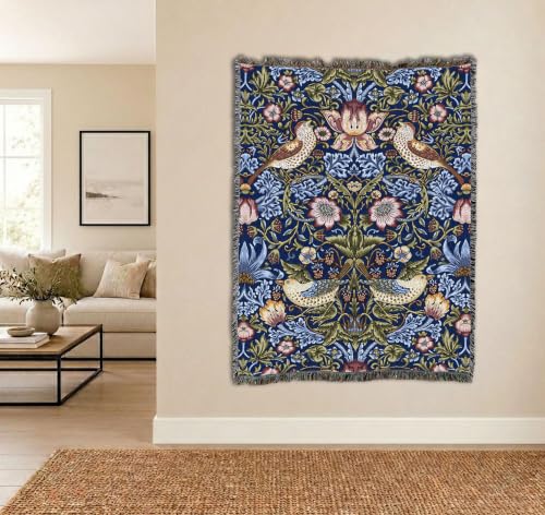 Pure Country Weavers William Morris Strawberry Thief Indigo Blanket - Arts & Crafts - Gift Tapestry Throw Woven from Cotton - Made in the USA (72x54) - color: Indigo, size: Large