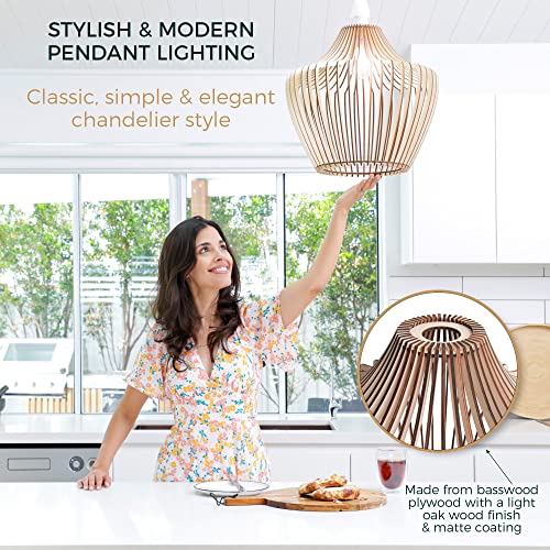 Wood Pendant Light - Easy-to-Assemble Ceiling Chandelier - Modern Boho Hanging Lamp Lighting Fixture for Dining, Kitchen, Bedroom, Living Room - Adjustable Nylon Cord, Uses Standard Bulb - color: Wood