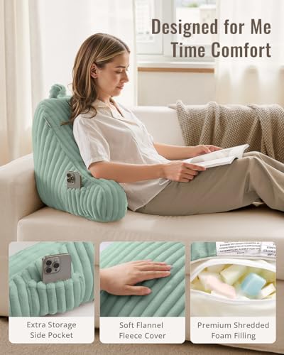 Blissful Diary Reading Pillow for Sitting in Bed, Flannel Back Pillow Bed Sitting Up for Adult & Children, Backrest Cushion for Sit Up in Couch or Floor, Dorm Essentials, Mint Green - color: Fuzzy Mint Green, size: Standard(18inch)