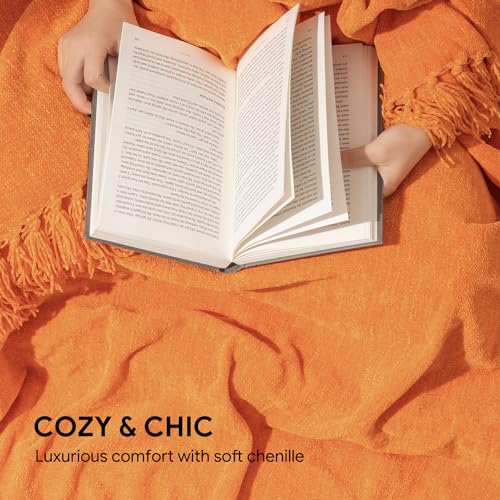 RECYCO Throw Blanket Soft Cozy Chenille Throw Blanket with Fringe Tassel for Couch Sofa Chair Bed Living Room (Orange, 50'' x 60'') - color: Orange, size: 50'' X 60''