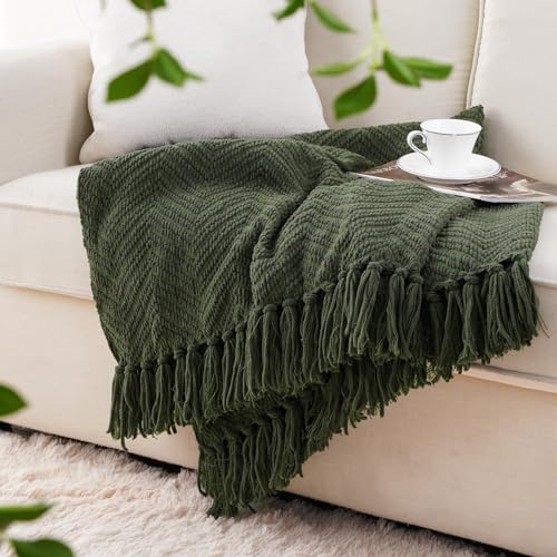 BATTILO HOME Olive Green Chenille Throw Blanket for Bed, Knit Throw Blanket,Super Soft Warm Home Decor Throw Blanket with Tassels for Couch,Sofa and Living Room,50" x 60" - color: Olive Green, size: 50"x60"