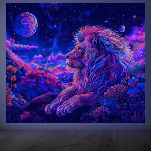 CRAFTYMELODY Lion Blacklight Tapestry Glow in the Dark Tapestry UV Reactive Moon Colorful Wall Hanging 59×51 Inch with Hook Self Adhesive Sticker Clip for Bedroom Home Wall Decoration - color: Lion
