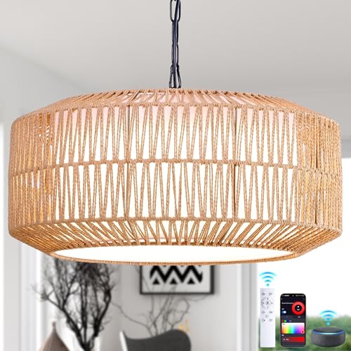 Large Handwoven Rattan Pendant Light, Boho Wicker Chandelier for Dining Room & Kitchen Island, Dimmable Hanging Ceiling Lamp with Warm White, Cool White & RGB Ambient Lighting, 21.7"