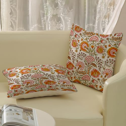 Boho Pillow Covers 16x16 Inch 2 Pcs Fall Burnt Orange Yellow Green Vintage Floral Decor Throw Pillows Spring Flower Summer Outdoor Farmhouse Decoration Pillowcase Cushion Cover for Couch Sofa - color: Boho Burnt Orange Floral, size: 16" x 16" (Pack of 2)