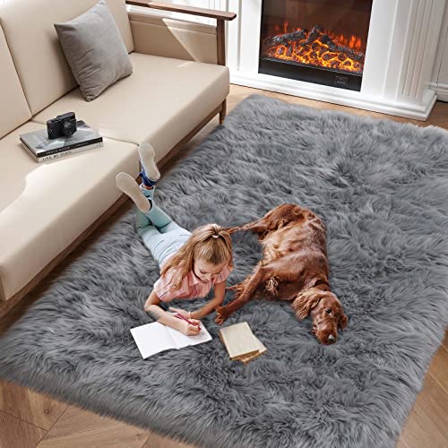 Faux Fur Area Rug, Grey Fluffy Rugs for Bedroom Living Room, 4'x6' Soft Shaggy Fuzzy Rug for Nursery, Indoor Plush Gray Floor Carpets for Kids Girls Boys Teen Dorm, Cute Home Decor, Rectangle - color: Grey, size: 6' x 4' (Rectangular)