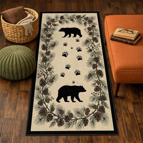Bear Runner Rug 2x6, Pine Cones Rug for Entryway, Bear Paw Print Runner Rugs for Kitchen, Non-Slip Machine Washable Farmhouse Carpet - color: Bear, size: 2' x 6'(Runner)