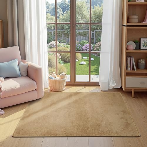 jinchan Solid Plush Area Rug 3x5 Performance Shaggy Washable Rug Indoor Soft Modern Faux Wool Cozy Non Slip Carpet for Living Room Kids Room Bedroom Dining Room Nursery Tan - color: Solid Tan, size: 3' x 5' (Rectangular)