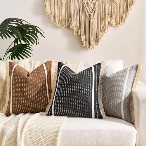 Vintage Decor Brown Decorative Throw Pillow Cover 18x18 with Tassels 1 Pack, Boho Home Decor Brown Plaid Pillow Covers 18 x 18, Modern Farmhouse Cotton Woven Throw Pillows for Living Room and Couch - color: Brown (With Tassels), size: 18" x 18" (Pack of 1