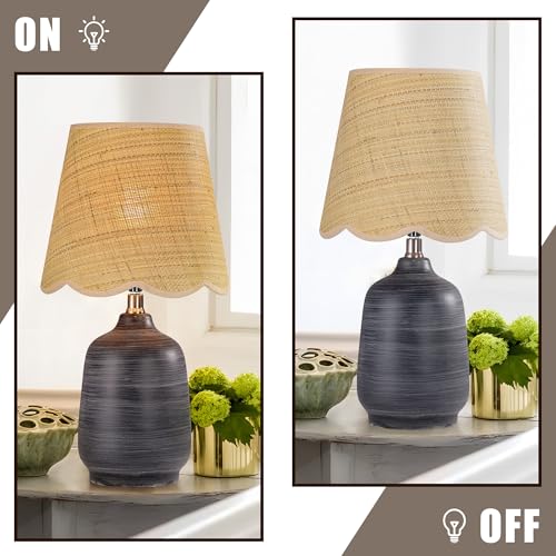 Pia Ricco 19" Modern Ceramic Table Lamp for Living Room Cream Base Desk Lamps for Bedroom Farmhouse Bedside Nightstand Lamp End Table Lamps,White Striped Black Base,Rattan Shade - color: White Striped Black Base