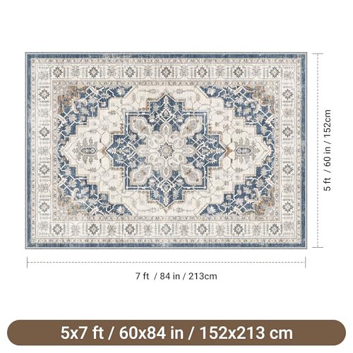 befbee 5x7 Area Rug for Living Rooms, Stain Resistant Neutral Washable Rugs for Dining Rooms, Floral Vintage Non-Slip Thin Large Size Area Rugs(Blue) - color: Blue, size: 5' x 7' (Rectangular)