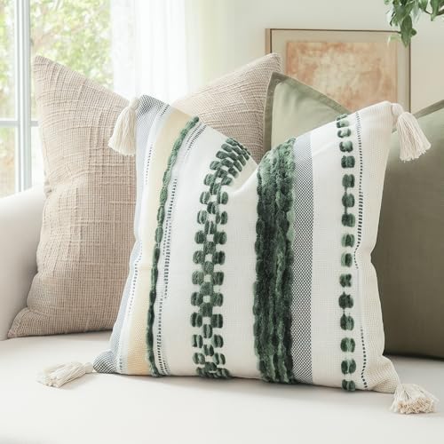 PANOD Chenille Farmhouse Throw Pillow Covers 16 x 16 Dark Green, Neutral Boucle Couch Pillow Cover, Striped Decorative Boho Coushion Cover Pillow Case for Couch Bed Sofa Bedroom,Modern Accent,Set of 2 - color: Dark Green Tone, size: 16" x 16" (Pack of 2)
