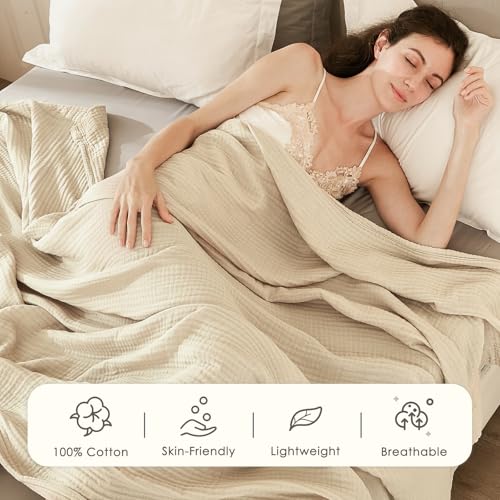 EMME Cotton Throw Blanket for Couch Soft Muslin Blankets 50"x60" Lightweight Breathable Blanket Beige All Season Gauze Blanket - color: 02 - Beige, size: Throw (50" x 60")