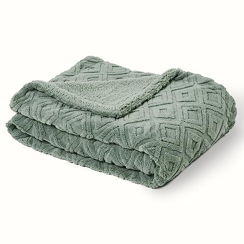 EverGrace Jacquard Boho Sherpa Fleece Throw Blanket for Couch, Super Soft Cozy Fuzzy Plush Blankets for Winter, Reversible Thick Warm Blanket for Bed, Sofa, Living Room, Sage Green, 50" x 60" - color: Sage Green, size: 50x60 Inches