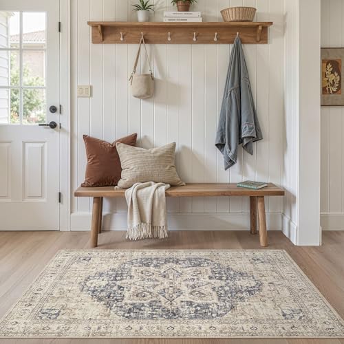 Tortania Area Rug Living Room Rugs - 3x5 Washable Rug Vintage Oriental Distressed Farmhouse Small Thin Indoor Carpet for Living Room Bedroom Under Dining Table Home Office - Cream Blue - color: Cream/Blue, size: 3' x 5' (Rectangular)