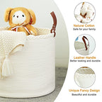 KAKAMAY Large Blanket Basket (18"x16"),Woven Baby Laundry Hamper,Cotton Rope Blanket Basket for Nursery, Laundry, Living Room, Pillows, Baby Toy chest with Leather Handles (White) - color: White