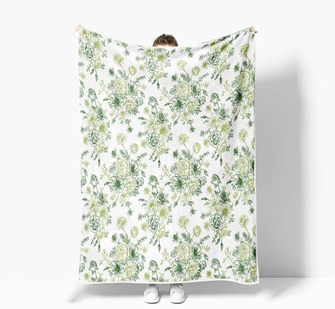 Green Floral Throw Blanket, Botanical Floral Blanket, Soft, Flannel, Warm, Boho Floral Bed Blanket All Season Floral Throw Blanket for Couch Bedroom Living Room 60X90 Inch
