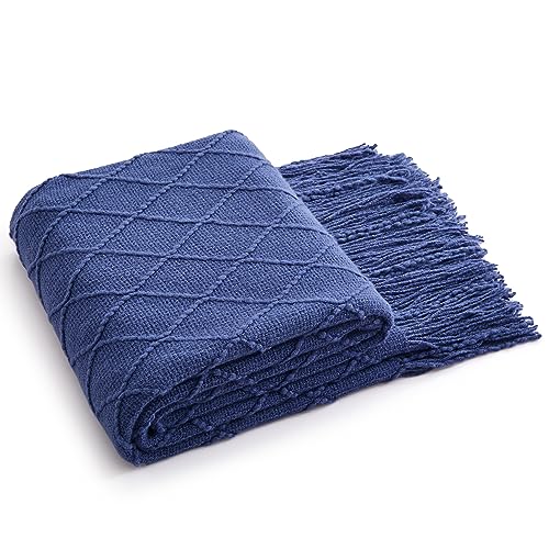 Acrylic Knitted Throw Blanket, Lightweight and Soft Cozy Decorative Woven Blanket with Tassels for Couch, Bed, Sofa, Travel, Suitable for All Seasons, 50 x 60 Inches, Navy - color: Navy