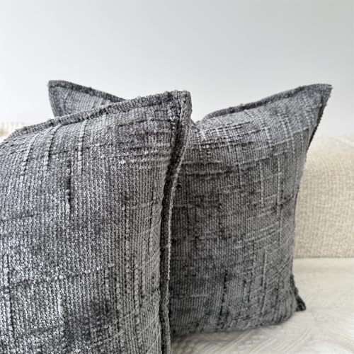 OYIMUA Gray 18x18 Chenille Pillow Covers Set of 2 Farmhouse Decorative Textured Pillow Cases for Living Room Couch Bed Soft Luxury Accent Throw Pillows with Elegant Design - color: Grey, size: 18" x 18" (Pack of 2)