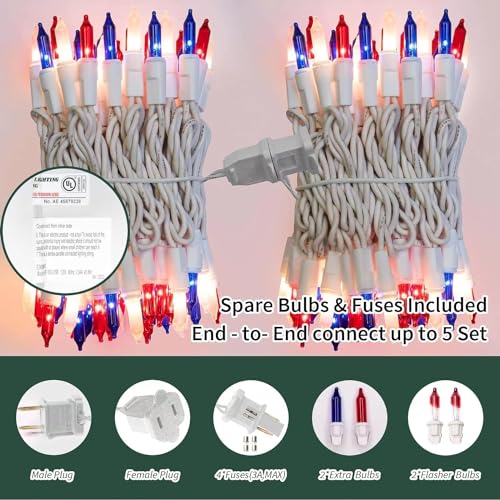LAMPHOME 100 Count Red White and Blue Mini String Lights with White Wire,Connectable 19.6ft 120V Waterproof 4th of July Patriotic Incandescent Lights, Independence Day Lights for Outdoor Indoor Decor - color: Red White Blue