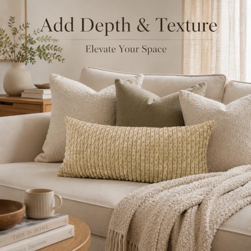 JoraLion 12x24 Boho Decorative Lumbar Throw Pillow Cover, Khaki Cozy Soft Striped Corduroy Long Rectangle Cushion Case Accent Home Decor for Sofa Bed Room Livingroom, ONLY Cover - color: Khaki, size: 24" x 12" (Pack of 1)