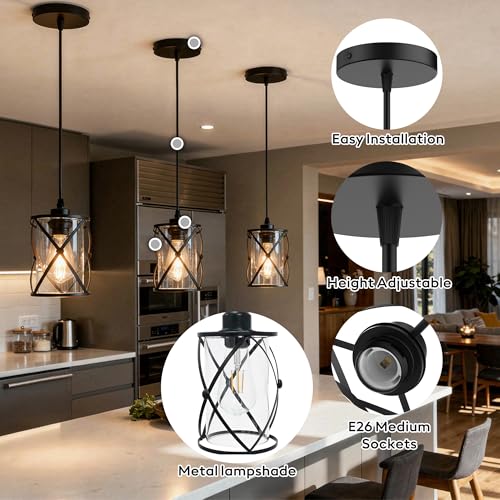 3 Light Pendant Lighting, Farmhouse Hanging Light Fixture for Kitchen Island & Dining Room, Industrial Vintage Ceiling Lamp with E26 Base, Adjustable Height, Matte Black with Glass Shades - color: X-Frame Glass Pendant - 1-Light (Black) - 3 Pack
