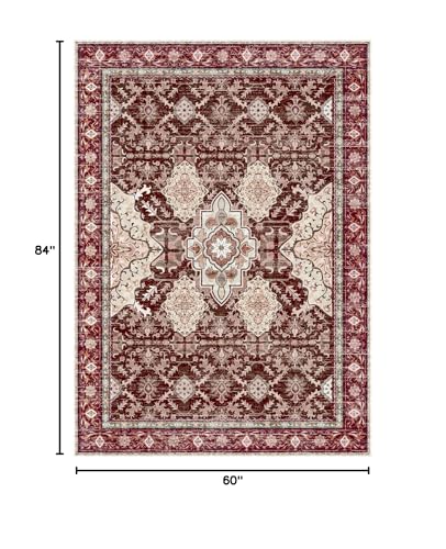 AMTOVO Area Rugs 5'x7' Washable Non-Slip, Vintage Boho Distressed Print Pattern Rugs for Living Room, Soft Low Pile Carpet for Bedroom Indoor Playroom Nursery Farmhouse Dining Room, Vintage Red - color: Vintage Red, size: 5' x 7' (Rectangular)