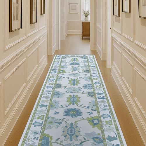 Fame Living Green Oushak Runner Rug, Modern Runners, Vintage, Turkish, Eclectic, Floral, Pastel, Washable, Long Runner Rugs for Hallway, Kitchen, Living Room, Bedroom, Kitchen, Bathroom, 2'5"x13' - color: Cream Green, size: 2'6" x 13' (Rectangular)