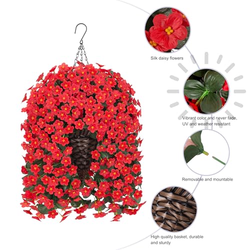 Artificial Hanging Flowers with Baskets for Decor, Fake Silk Red Hanging Daisy Orchid Flowers Plants, Faux Flower Centerpieces for Home Indoor Outdoor Garden Patio - color: Red