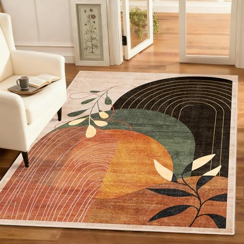 MUJOO 3x5 Washable Rugs,Boho Large Area Rug for Entryway Kitchen Entry Bedroom Bedside Foyer,Small Throw Carpet Indoor Non Slip Mid Century Modern Abstract Botanical Geometric Accent Terracotta - color: Terracotta（modern）, size: 3' x 5' (Rectangular)